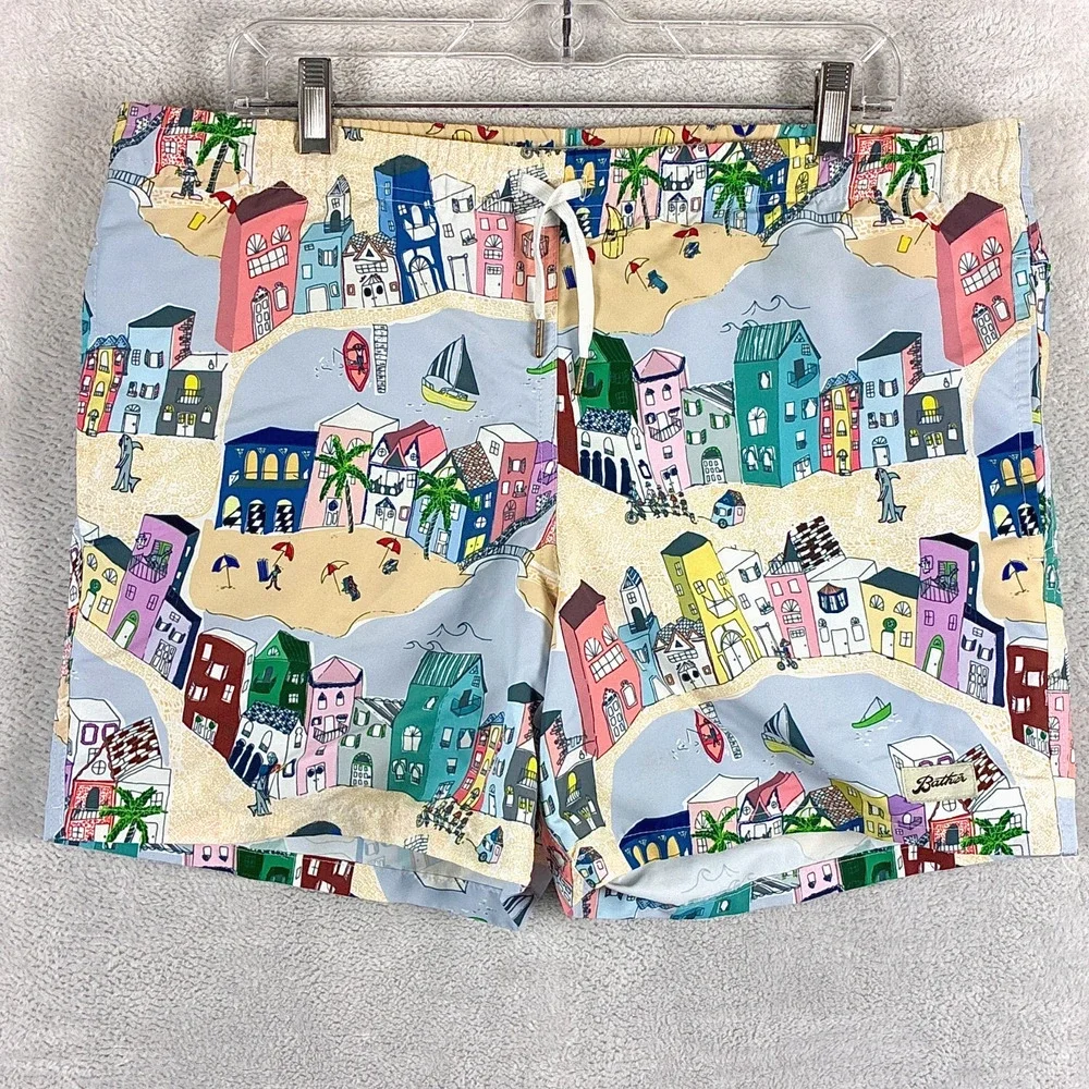 Bather Swim Trunks Mens M (L/XL) Multicolor Beach Scene Drawstring Preppy Summer